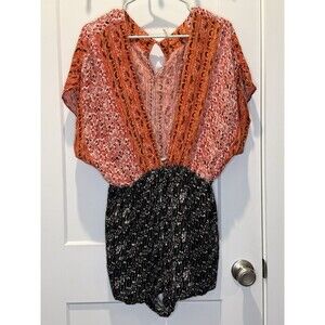 Free People Romper Womens M Orange Black Arizona Wide Plunge Floral Boho Rayon